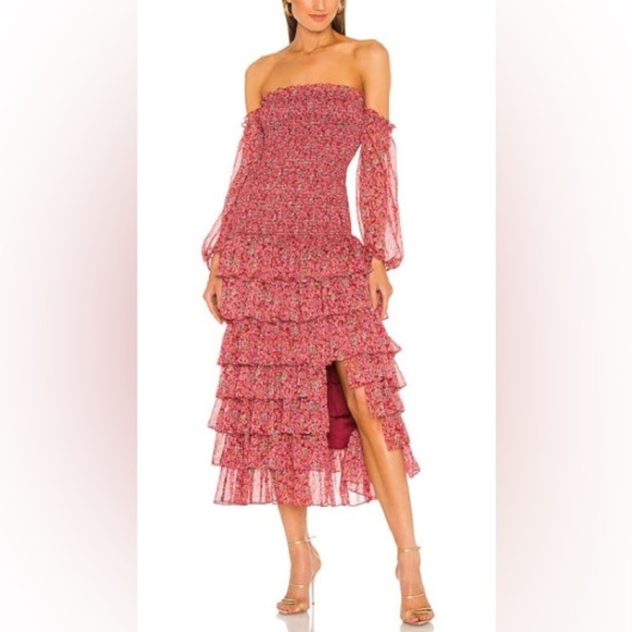 LIKELY Mitzie Ruffle Tiered Midi Dress Size 10 | Red Floral Off Shoulder Smocked - Picture 2 of 12